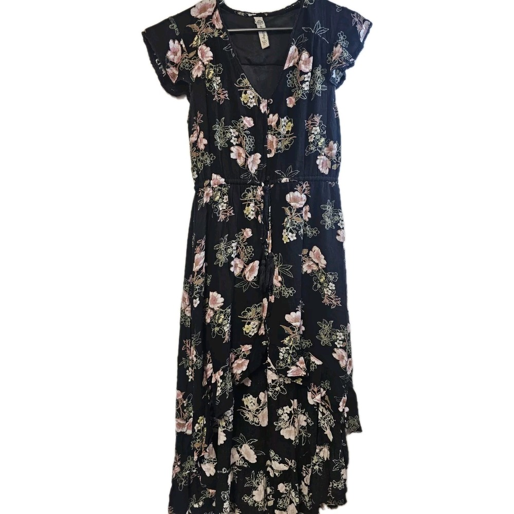 AMERICAN RAG CIE Black Floral V Neck Elastic Waist Dress Size S High Low
